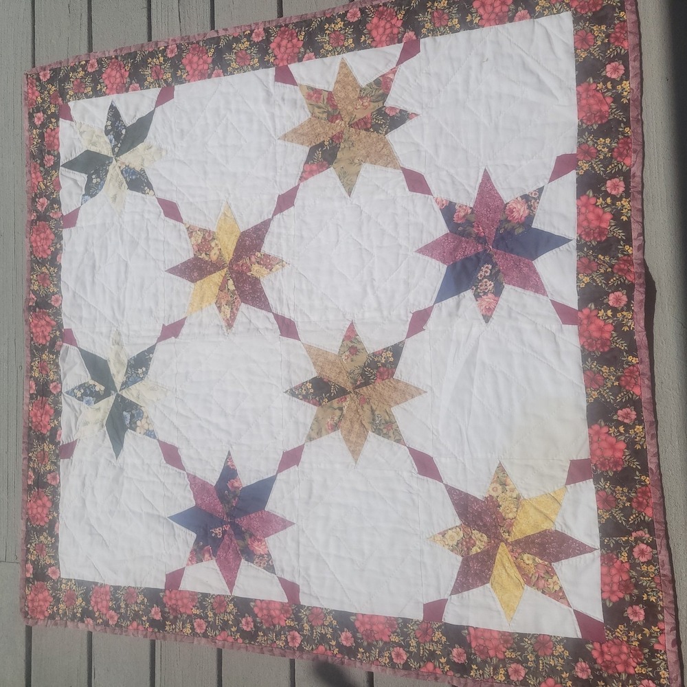 Vintage Floral Patchwork 8 Point Southern Stars Quilt Blanket Bedspread 48 X 48